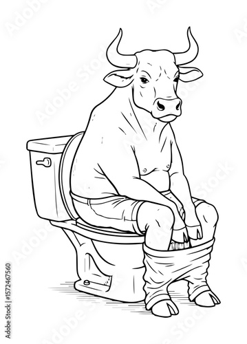funny bull sitting on toilet comic illustration