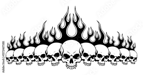 row of flaming skulls menacing illustration