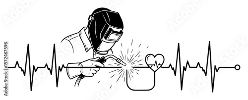 welder heartbeat line art illustration