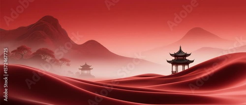 Asian Pagodas in Hazy Landscape with Reddish Tones - Serene Illustration of Mountains and Temples