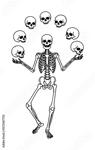 funny skeleton juggling human skulls vector line art illustration