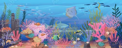 Large set of coral reef with algae tropical fish and corals. Vector illustration in cartoon style.