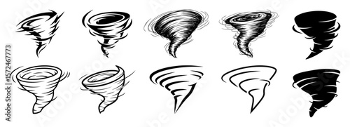 tornado twister cyclone sketch and silhouette vector set