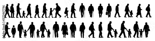 large collection of walking people silhouettes vector