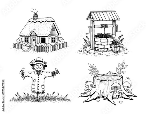 rural countryside elements set, cottage with thatched roof, water well, scarecrow, tree stump vector line art