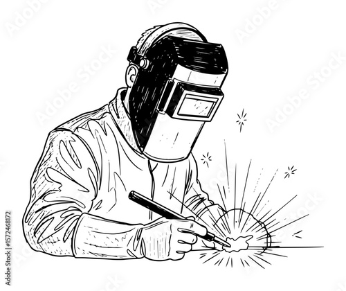 welder working with torch and sparks sketch illustration