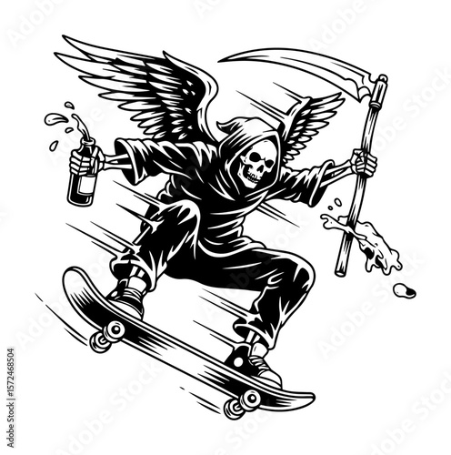 grim reaper with wings on a skateboard vector illustration