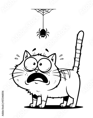 scared cartoon cat afraid of a spider vector line art