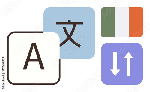 Language character and alphabet blocks, national flag, navigation arrows. Ideal for communication, interpretation, internationalization, globalization, education, multilingual platforms learning