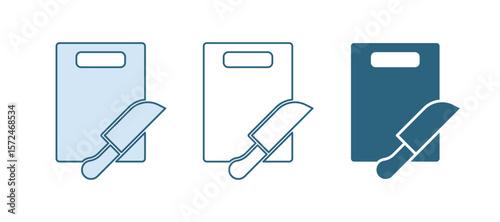 Blue Cutting board and knife icon isolated on white background. Chopping Board symbol. Cutlery symbol. Vector