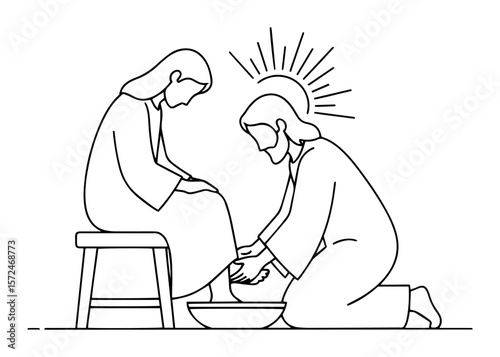 jesus christ washing feet of a disciple biblical vector line art