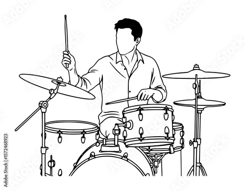 man playing drum set line art style