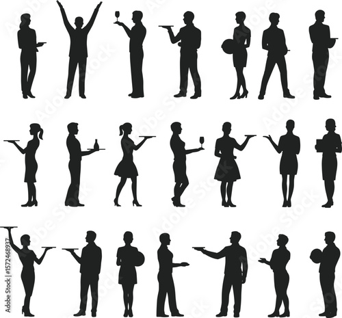 Silhouette of waiters and waitresses serving drinks, food service staff holding trays, hospitality worker vector, restaurant people black illustration flat vector illustration