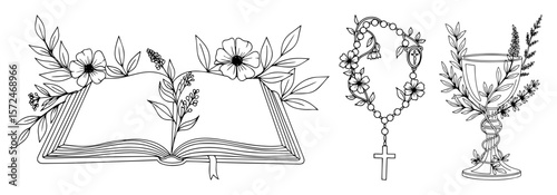 open bible with floral decorations and rosary