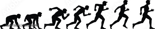 Silhouette vector illustration of man starting to run, sprinting motion stages, athletic running pose sequence, isolated on white background