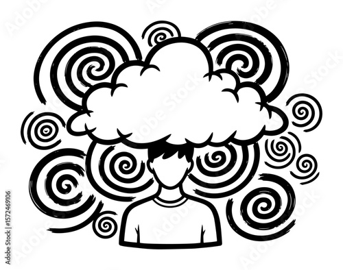 man with cloud for head and dizzy spirals sketch vector