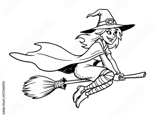 cute cartoon witch flying on a broomstick halloween vector line art