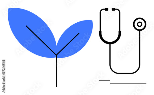 Blue leaf symbolizing nature paired with a stethoscope indicating healthcare and medicine. Ideal for health, wellness, environmental care, eco-health, sustainability, medical innovation, preventive