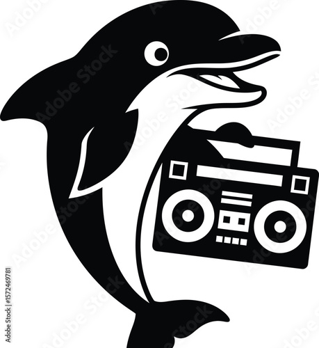 Black and white graphic of a dolphin holding a boombox in its fin
