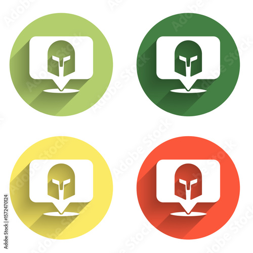 Set Greek helmet icon isolated with long shadow background. Antiques helmet for head protection soldiers with a crest of feathers or horsehair. Color circle button. Vector
