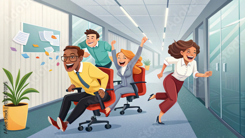 Office chair race team building activity fun at work corporate happiness and cheerful employees celebrating success