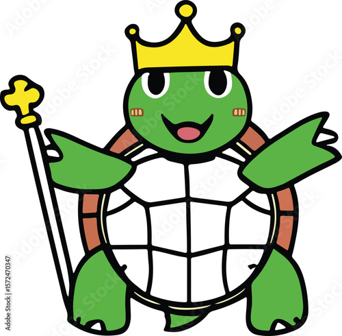 A cheerful cartoon turtle king, crowned and holding a scepter, ready to rule with joy.