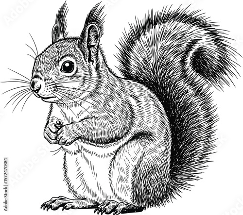 Detailed black and white drawing of a squirrel standing upright