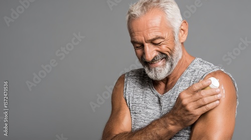 Senior man applying pain relief cream on his shoulder.