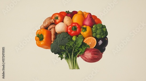 Artistic Representation of a Brain Composed of Various Colorful Vegetables and Fruits