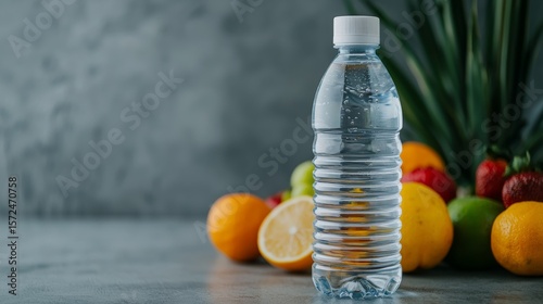 Large Water Bottle Surrounded by Fresh Fruits and Vibrant Background