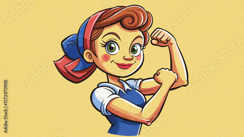 Woman demonstrating strength by flexing her arm muscle against a light beige background