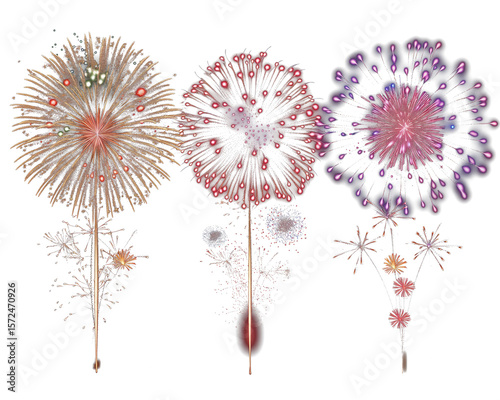 Bright and colorful fireworks illustration on a transparent background.