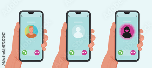 Set off Calls on the phones. Phone call. Phone call interface. Hand holding a phone. Notification that it's calling. A friend's call. scam call. Vector illustration in flat style
