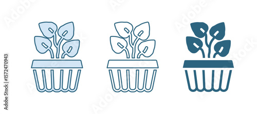 Blue Indoor plant ivy in a pot icon isolated on white background. Branch with leaves. Vector
