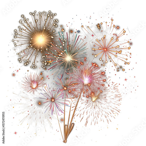 Bright and colorful fireworks illustration on a transparent background.