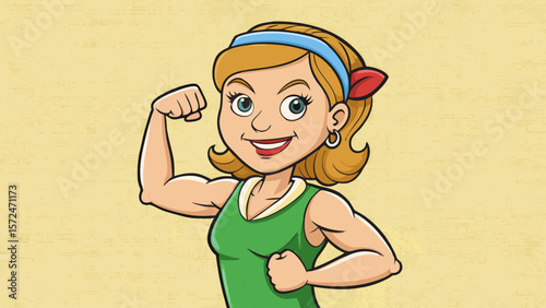 Woman demonstrating strength by flexing her arm muscle against a light beige background