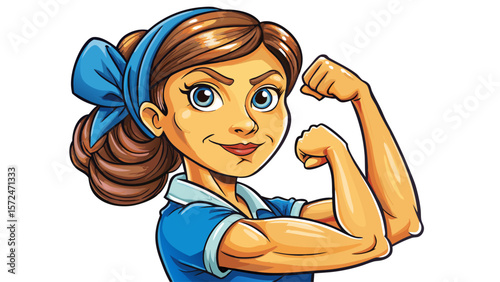 Woman demonstrating strength by flexing her arm muscle against a light beige background