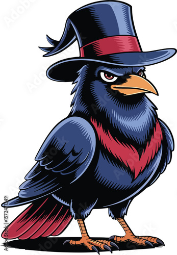 A sharp, dapper raven with a top hat and striking red chest markings, exuding mystery.