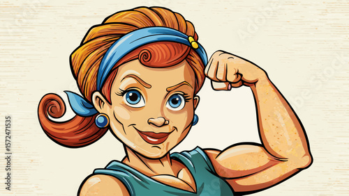 Woman demonstrating strength by flexing her arm muscle against a light beige background