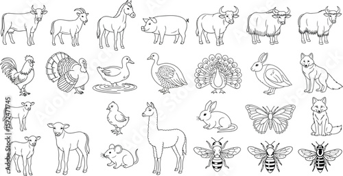 Line art depiction of various farm animals and insects in a group