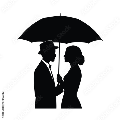 Romantic couple under umbrella silhouette