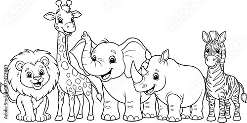 Cartoon outline of lion giraffe elephant rhino and zebra animals