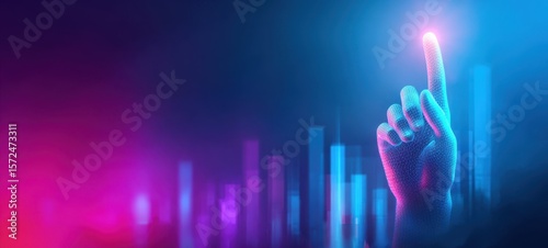 The vibrant hand reaching towards the digital future in a neon landscape