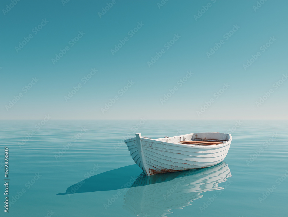 Naklejka premium White Boat Floating on Calm Blue Ocean Minimalist Seascape
