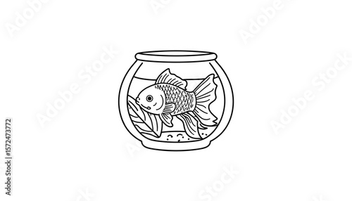 Goldfish swimming in a fishbowl among aquatic plants - Concept of coloring  