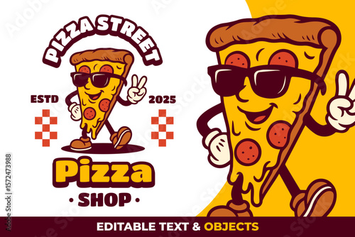 Pizza Retro Mascot Logo for Pizza Shop and Cafe. Cartoon Character Vector Illustration in Vintage Style