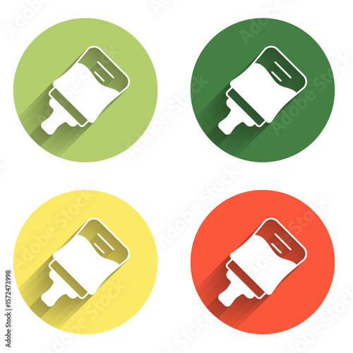 Set Baby bottle icon isolated with long shadow background. Feeding bottle icon. Milk bottle sign. Color circle button. Vector