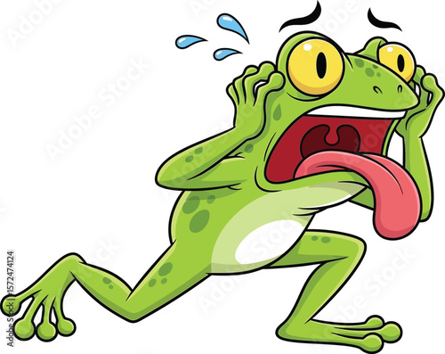 A cartoon frog with bulging eyes and tongue out looking very scared