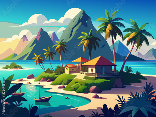 tropical island, palm trees, beach, ocean, waves, blue sky, clouds, vegetation, rocks, sand, sunny day, cartoon-style, digital art