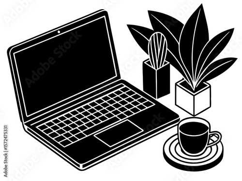 A minimalist workspace setup with a laptop and potted plant
